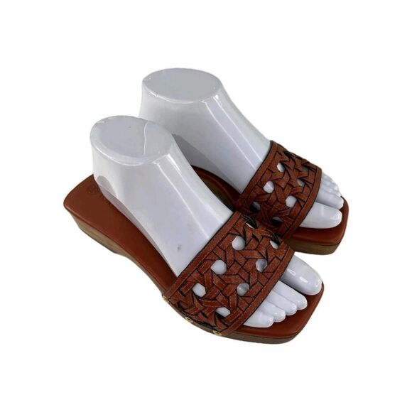 Tory Burch Basket-Weave Clog US 7.5 M Calf Leather Wood Platform Slide Sandals - Picture 1 of 11